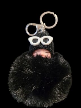 Black Faux Fur Pom Bag Charm Keychain with Sleepy Doll Accent